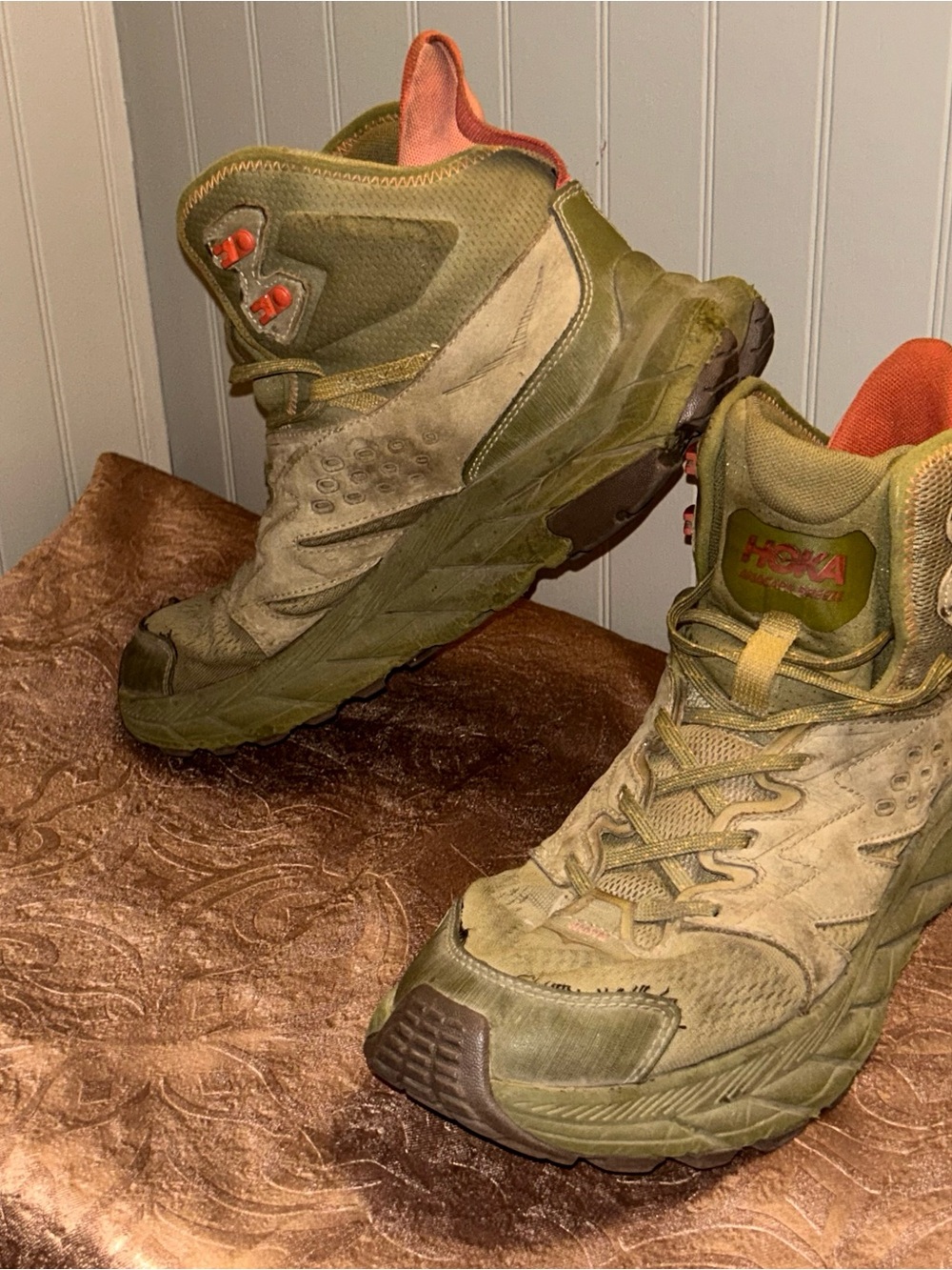Hoka Men's Olive Green Hiking/Trail Boots with Orange Accents